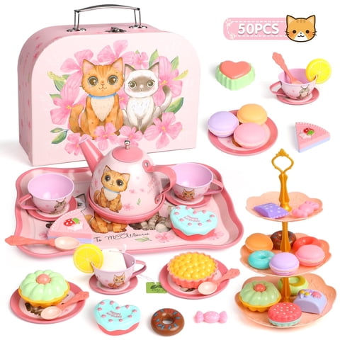 Huge Wave Kids Tea Set for Little Girls, 50PCS Cute Cat Tea Party Set for Girls, Princess Pretend Play Tin Teapot Set, Christmas Gift for Girls Age 3-8 Years