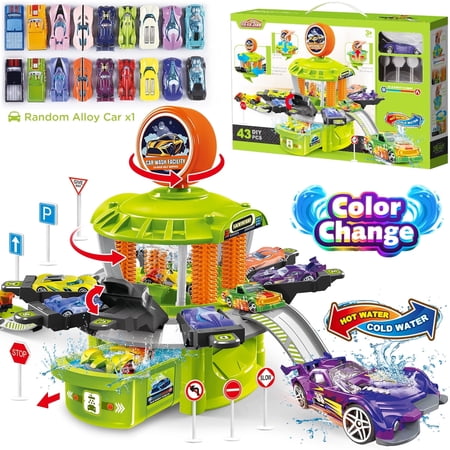 Huge Wave Kids Track Car Wash Toys Set, Toddler Color Change Race Cars with Parking, Christmas Birthday Gift for Boys and Girls Aged 4-9