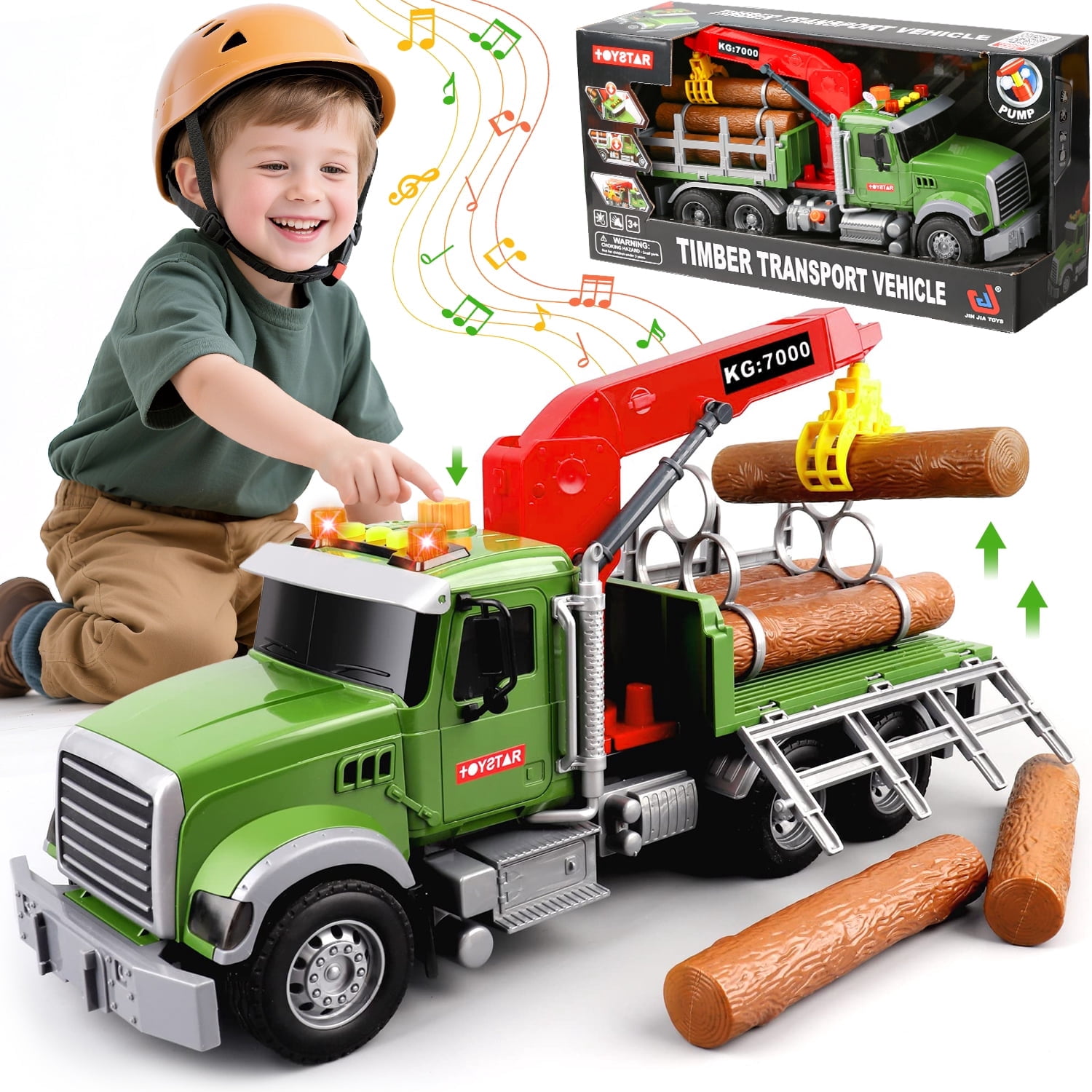 Huge Wave 15" Large Truck Toy for Boys, Kids Tow Truck Toys, with Loading Crane and 6 Timber, Lights and Sounds Christmas Birthday Gifts for 3-9 Year Toddler