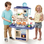 Huge Wave Kitchen Playset, Pretend Play Food Toys Kitchen Set for Boys and Girls Ages 4-8, Realistic 56PCS Toy Accessory Set for Kids 3-6, Interactive Play w/ Real Sounds&Light, with Toddler(Blue)