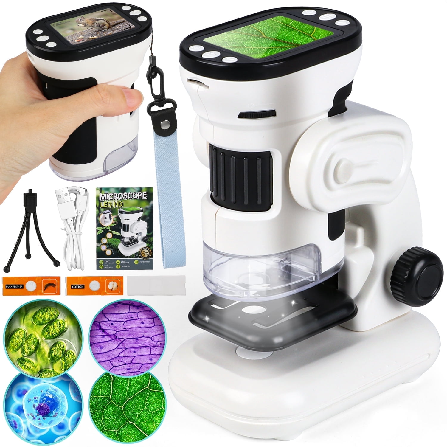 Huge Wave Microscope for Kids, 1000X Handheld Kids Microscope with Adjustable LED Lights, with 2 LCD Screen, Education Toy Gift for Boys & Girls Age 6-12