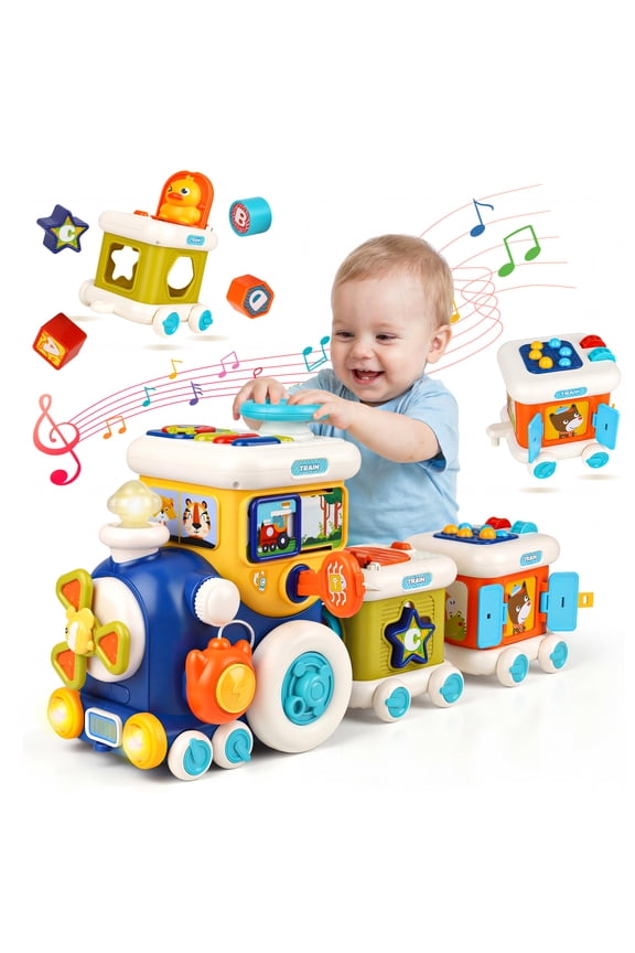 Montessori Train Toys for 1 2 3 Year Old Boy Girl, 12-in-1 Musical Train Toddlers Toys, with Lights, Keys and Shapes Matching, Educational Christmas Train Gift
