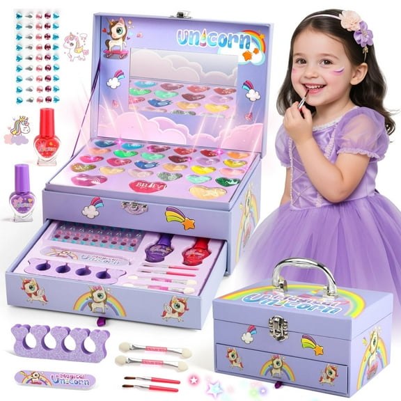 Huge Wave Kids Makeup Kit for Girls, 36 in 1 Unicorn Makeup Kit, Real Washable Pretend Play Birthday Gifts for Girls 3-6 Years Old