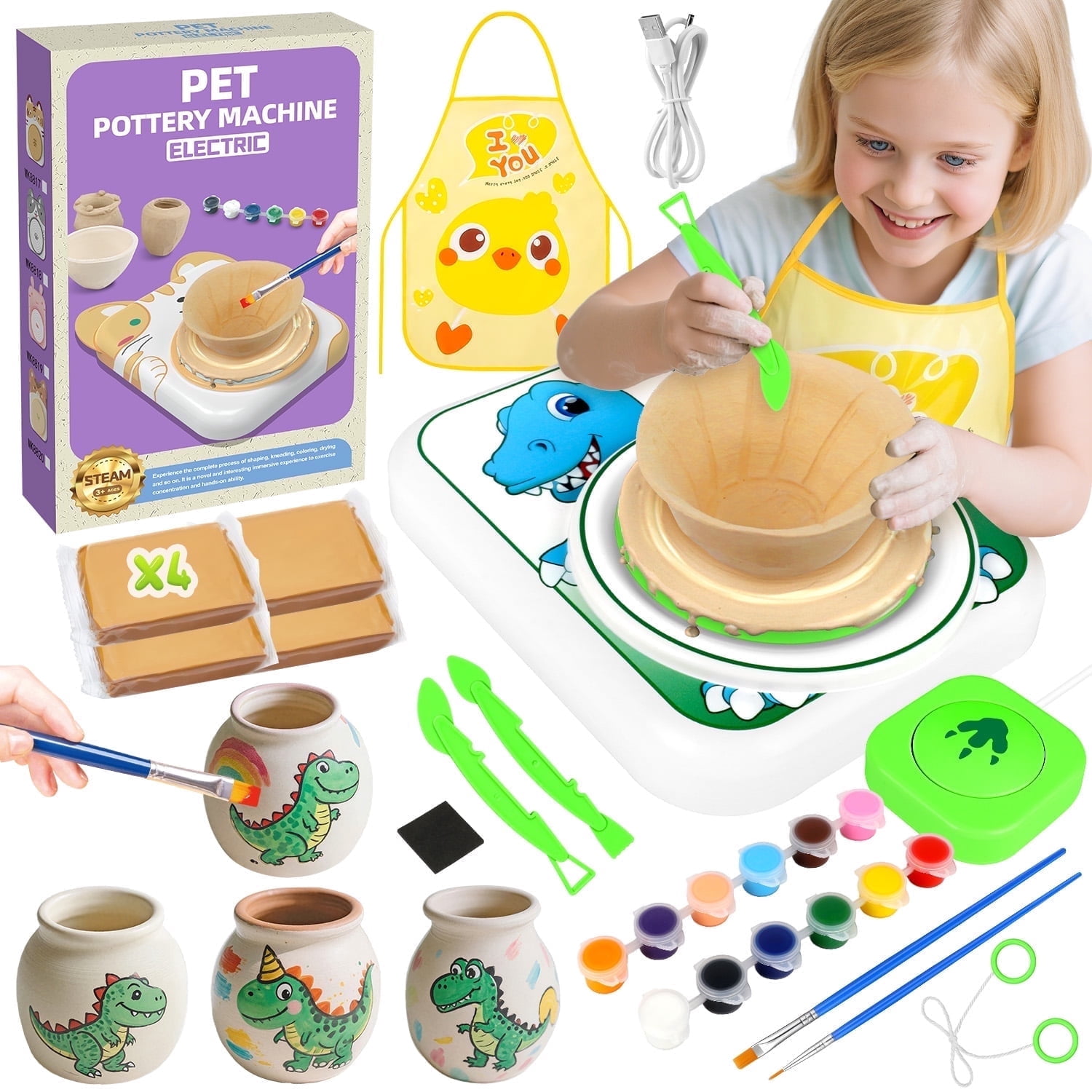 Huge Wave Pottery Wheel for Kids, Dinosaur Arts and Crafts Kit with 4 Clays, Air Dry Sculpting Clay and Craft Paint Toy Kit, Ideal Birthday Gifts for Aged 6-12