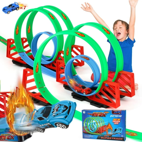 Huge Wave Race Car Track Set for Kids, 360° Loop Raceway Race DIY Track Set, with Durable Car, Christmas Gift for Toddler Boys Girls Age 4-12