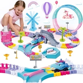 Huge Wave Unicorn Track Toy for Girls, Pink Flexible Race Track Set for Kids, Princess Toys with Light, Birthday Gift for Toddler Aged 3-8 Years
