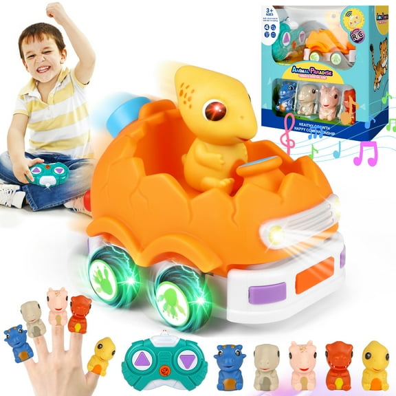 Huge Wave Mini Remote Control Car for Toddlers, Race RC Cars Toys with 5 Dinosaur Dolls, Kids Sensory Toys with Lights & Musics, Christmas Gift for Boys & Girls 2-6 Years Old