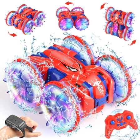 Huge Wave Amphibious RC Stunt Car for Boys, 2.4GHz 4WD Double-Sided Drift Car, Dual Gesture & Controller Control, LED Light Spider Design Vehicle Toy,Christmas Toys Gift for Kids Aged 6-12