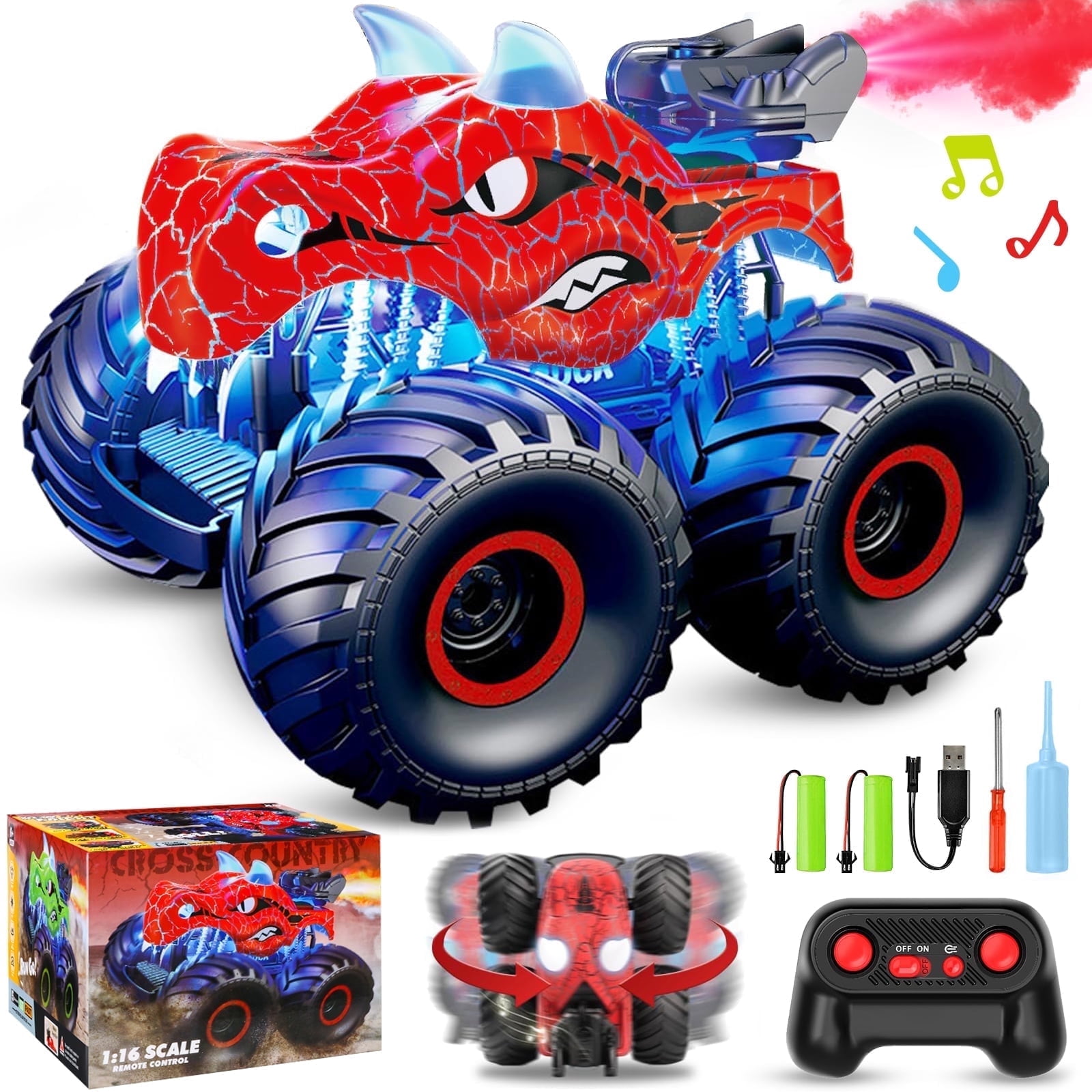 Huge Wave Remote Control Dinosaur Car, 2.4GHz RC Monster Trucks for Boys with Spray, Light & Sound, All Terrain RC Cars with 2 Batteries,Birthday Gifts Dinosaur Toys for Boys 3-6 Years,Red