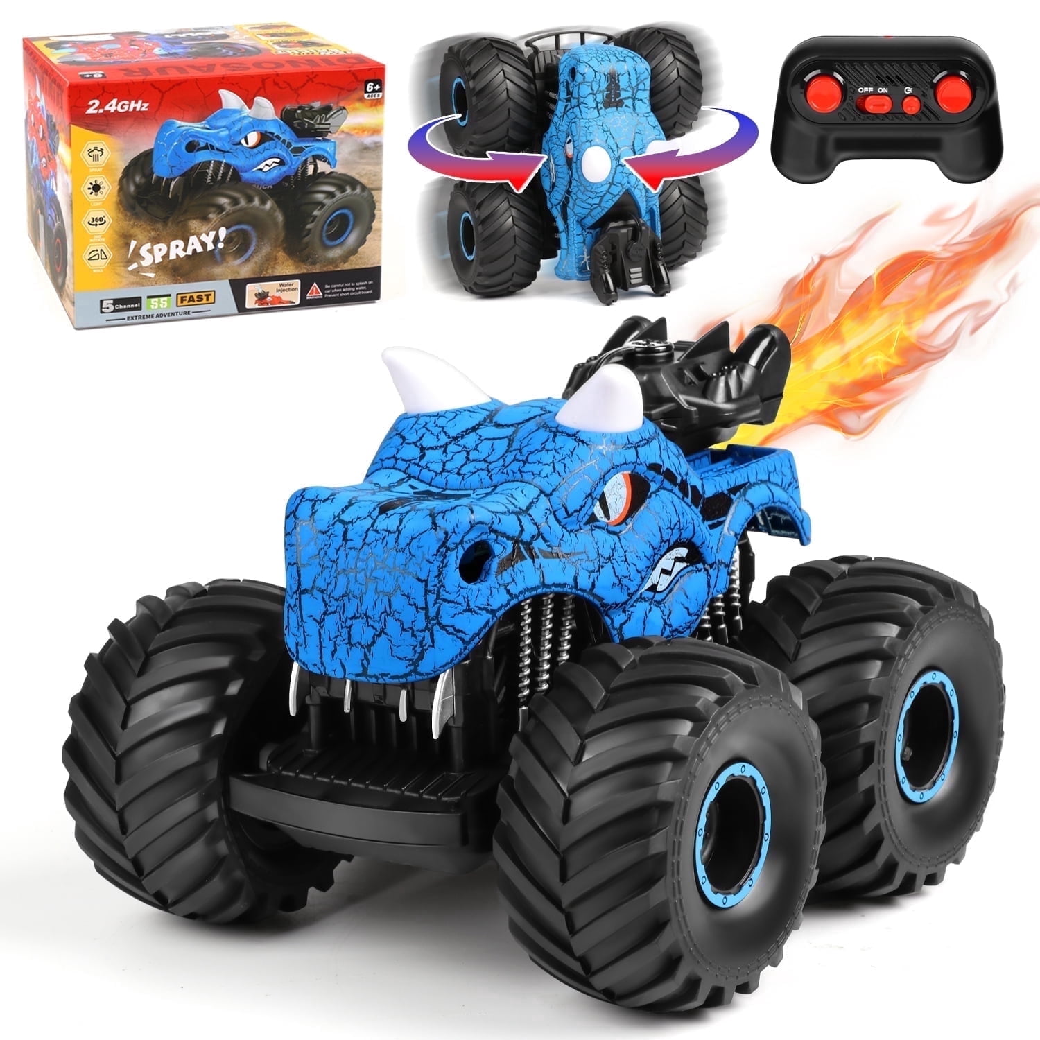 Huge Wave Dinosaur Remote Control Car, 2.4GHz RC Monster Trucks Toys with Spray, Light & Sound, All Terrain RC Cars Toys Christmas Birthday Gift,Blue