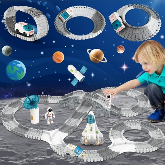 Huge Wave Space Toys Race Car Track Set for Kids, 242pcs Space Vehicle Flexible Track STEM Set, with Rocket Satellite, Christmas Gift for Boys Girls Aged 3-12