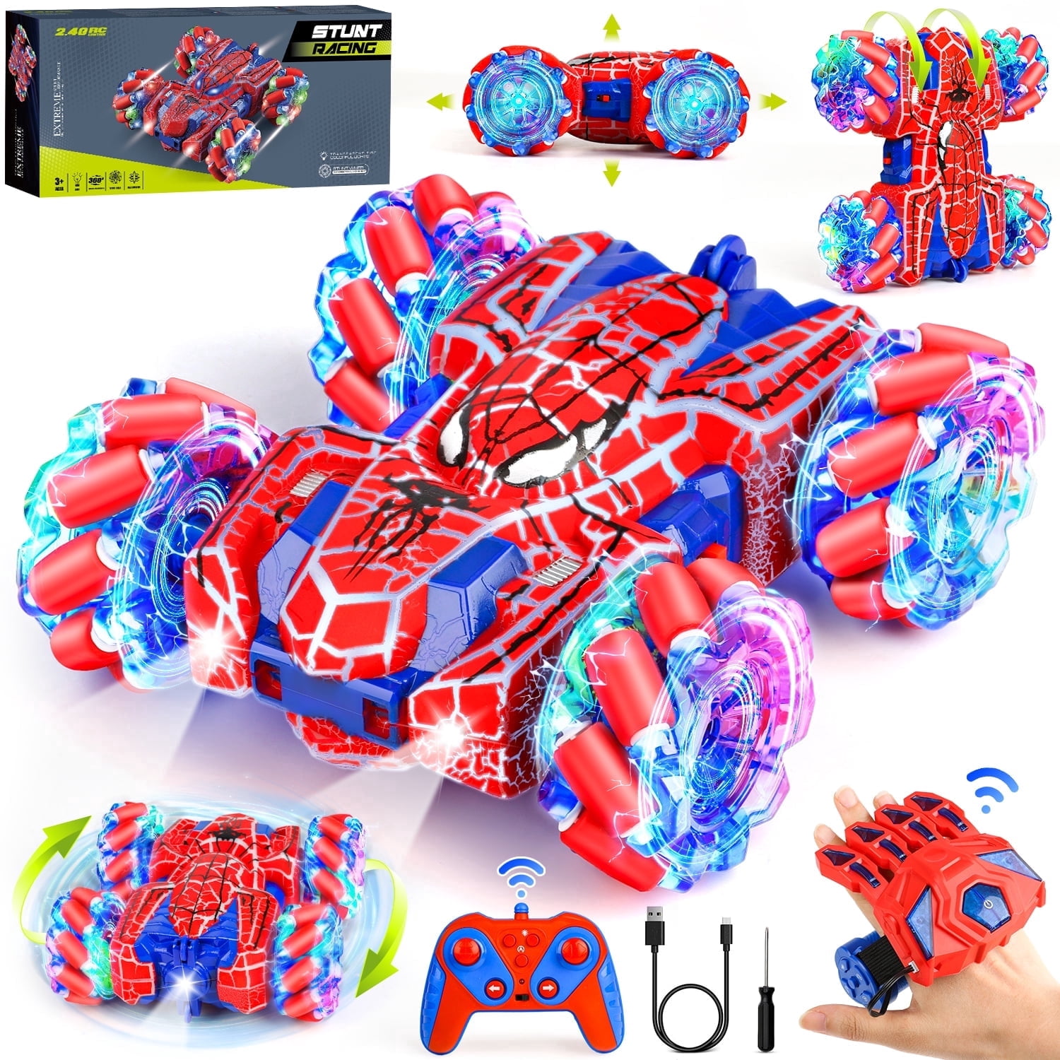 Huge Wave Spider Remote Control Cars for 6-12 Year Old Boys, Double Sided Rechargeable RC Stunt Car with Cool Light, 360° Flip Gesture Sensing Outdoor Toys for Kids