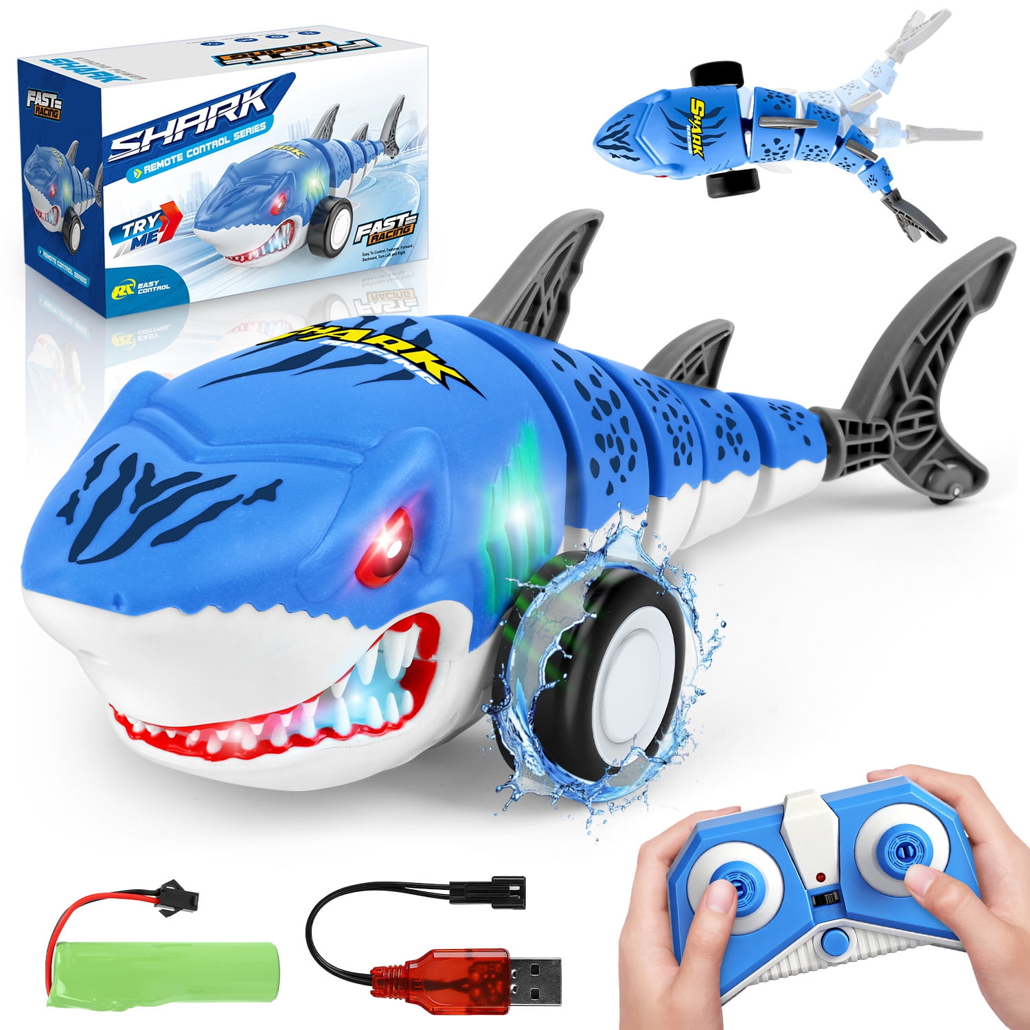Huge Wave Remote Control Shark Car Toys for Kids, 2.4Ghz RC Shark Cars with Cool Light, 360° Stunt Swinging Tail, Birthday Gifts for Girls Boys Age 3-8