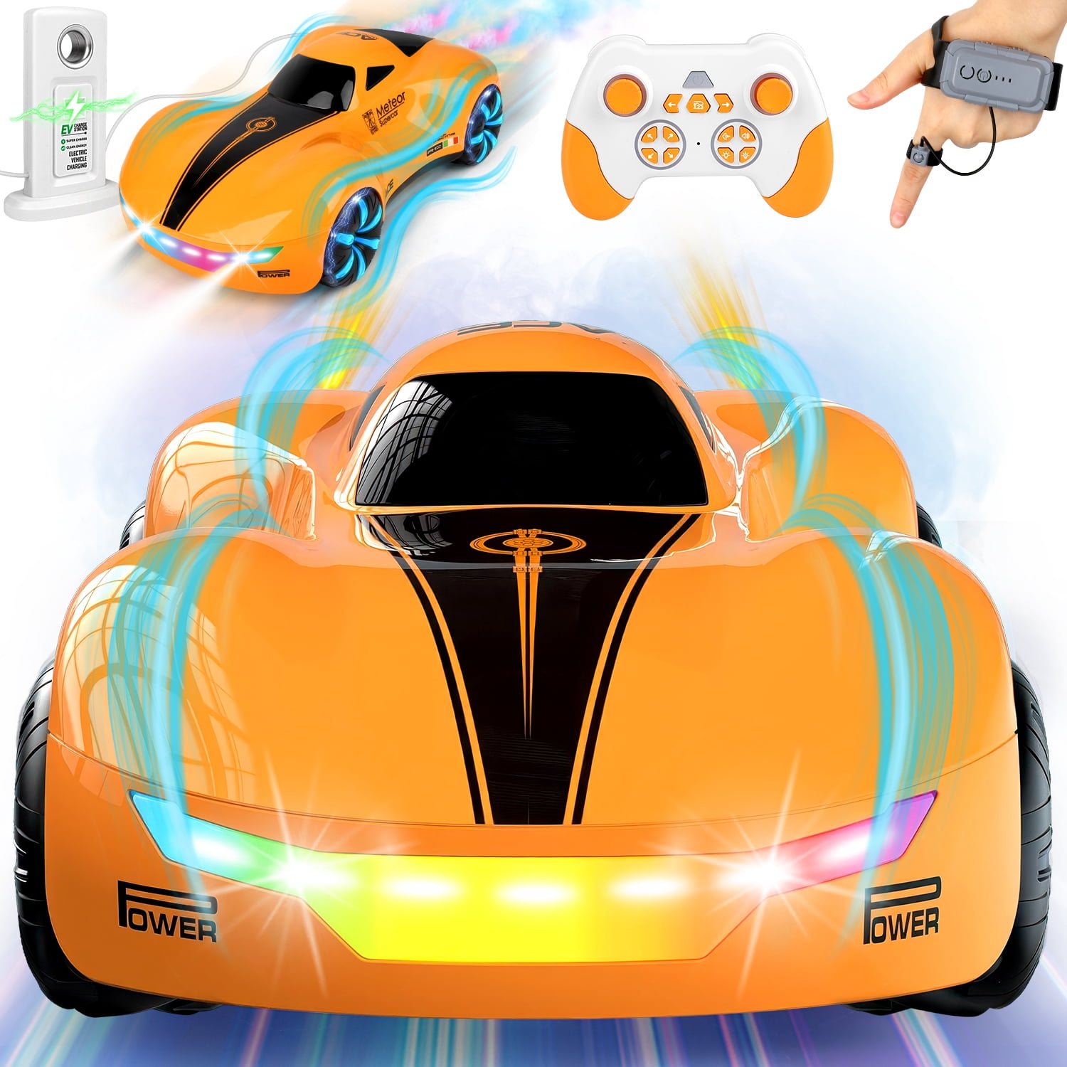 Huge Wave RC Cars for Aged 4-12 Boys , Rechargeable Remote Control Stunt Car, 360° Rotate, Cool Light & Dual Spray, Christmas Birthday Toy Gifts for Kids, Orange