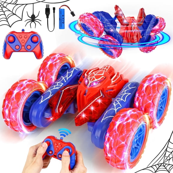 Huge Wave Remote Control Stunt Car for Boys, Spider Double Sided Tornado RC Car, 360° Rotate Lights, Rechargeable, Birthday Gift for Kids Aged 4-12