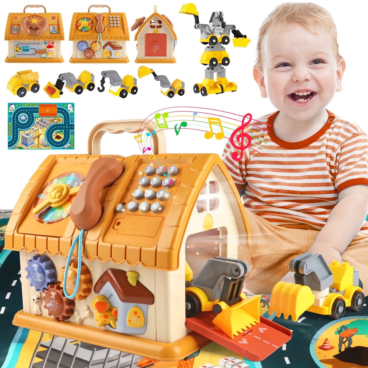 Huge Wave Toddler Montessori Toys for 1+ Year Old, 8-in-1 Multi-Functional Learning House, with 4 Building Cars and Map, Sound & Light Early Educational Kids Christmas Gifts