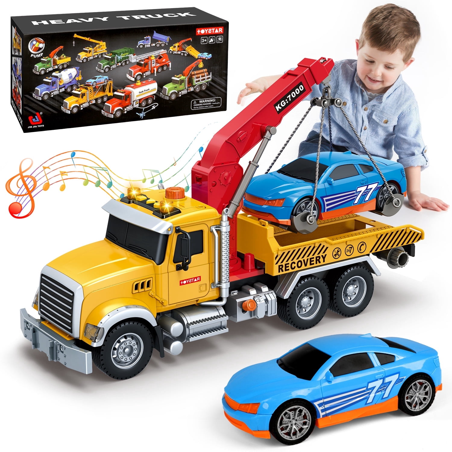 Huge Wave Kids Tow Truck Toys, 15" Large Toddler Car Toys, Transport Truck Crane with Roadster, Lights and Sounds, Birthday Gifts for Boys 3-6 Years