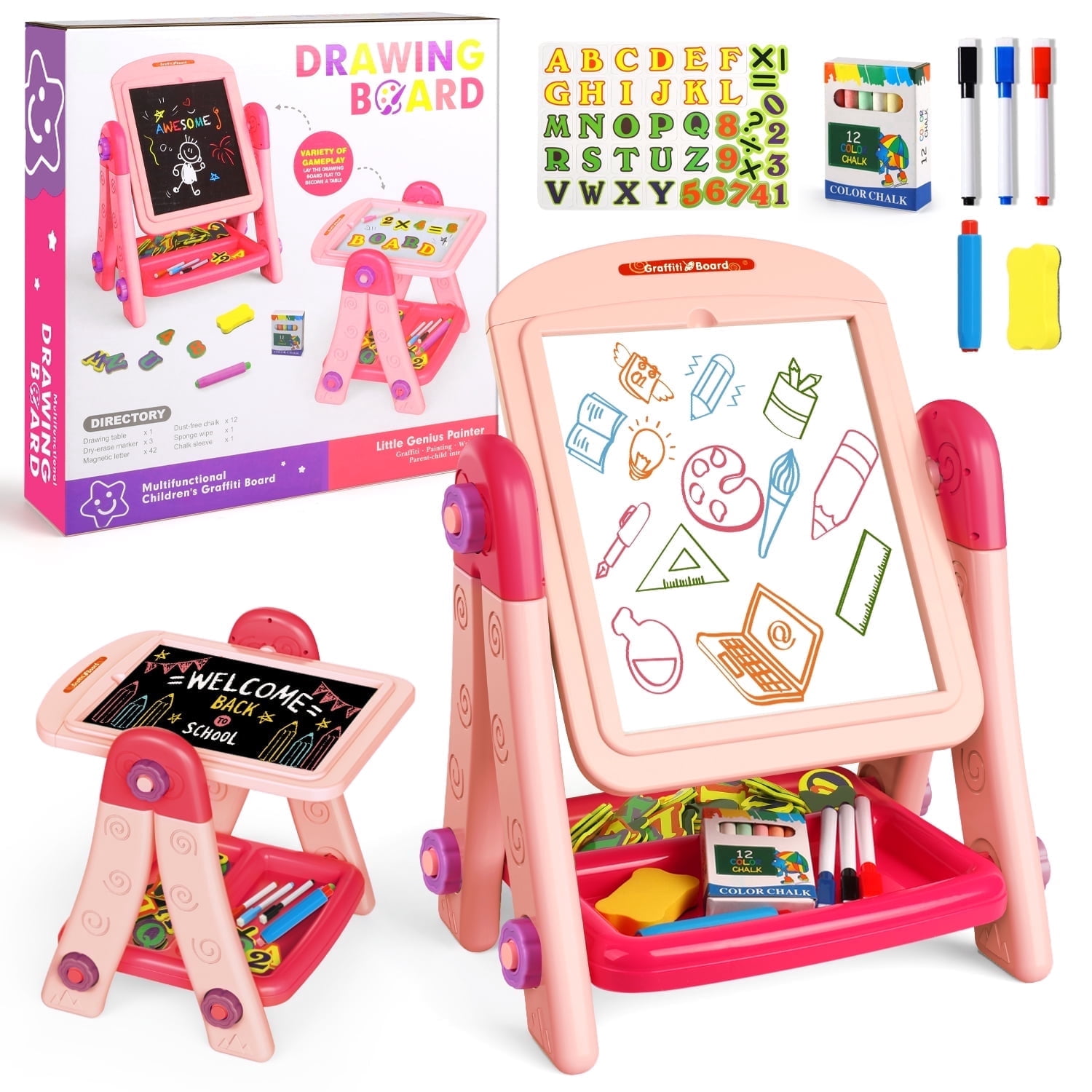Huge Wave Toddlers Double Sided Magnetic Chalkboard and Whiteboard Art Easel, Pink