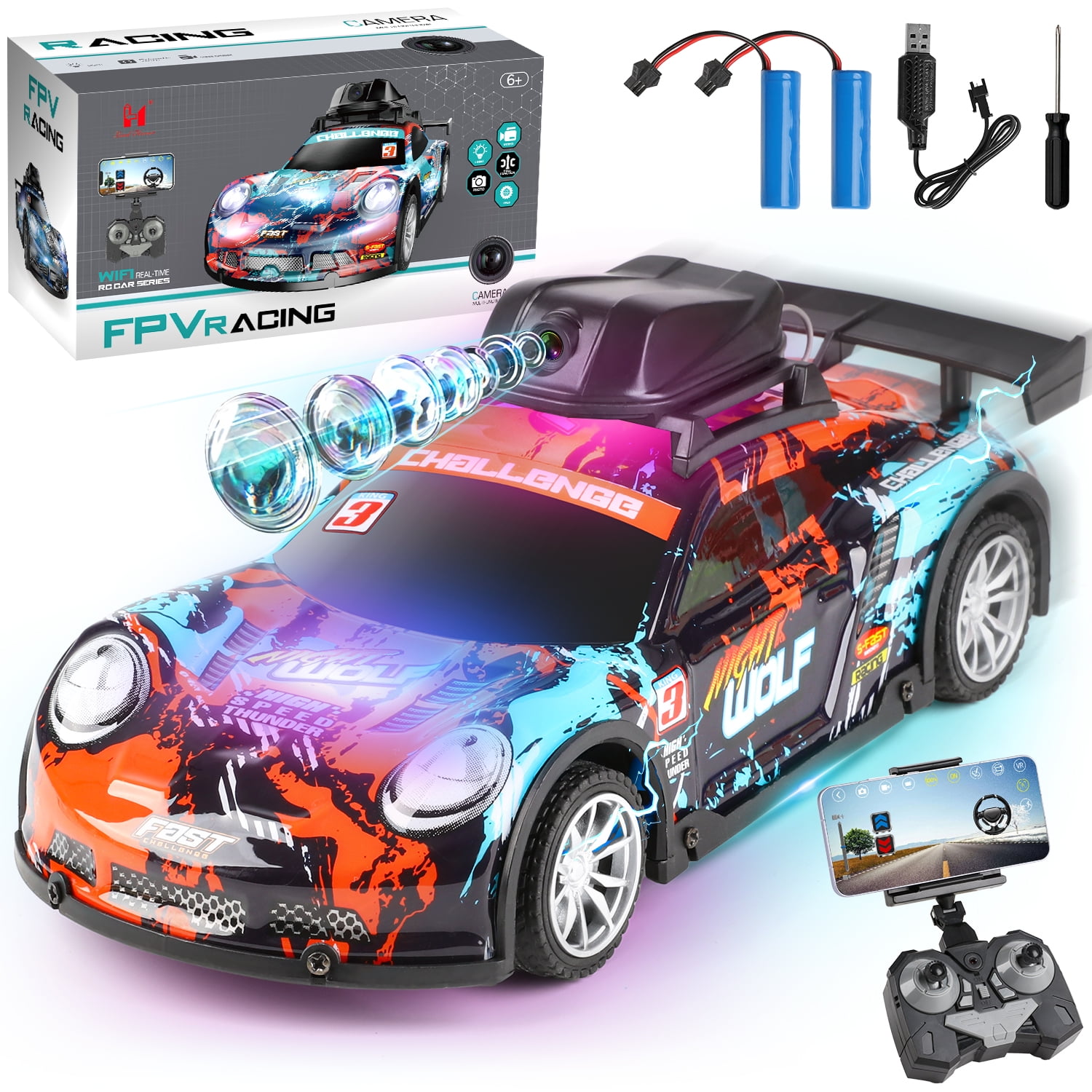 Huge Wave Remote Control Car for Boys, 2.4GHz High Speed RC Car with HD Camera, with 2 Batteries for Kids Birthday Christmas Toys Gift 6-12 Years Old