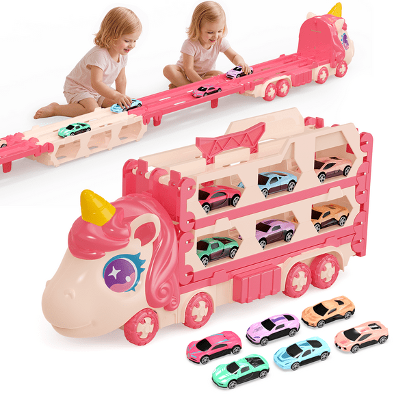 Huge Wave Truck Car Toys for 2-8 Year Old Toddler Girl, Unicorn Toys Truck & Foldable 67Inch Race Track, with 6 Alloy Car, Christmas Birthday Gift for Kids Girls