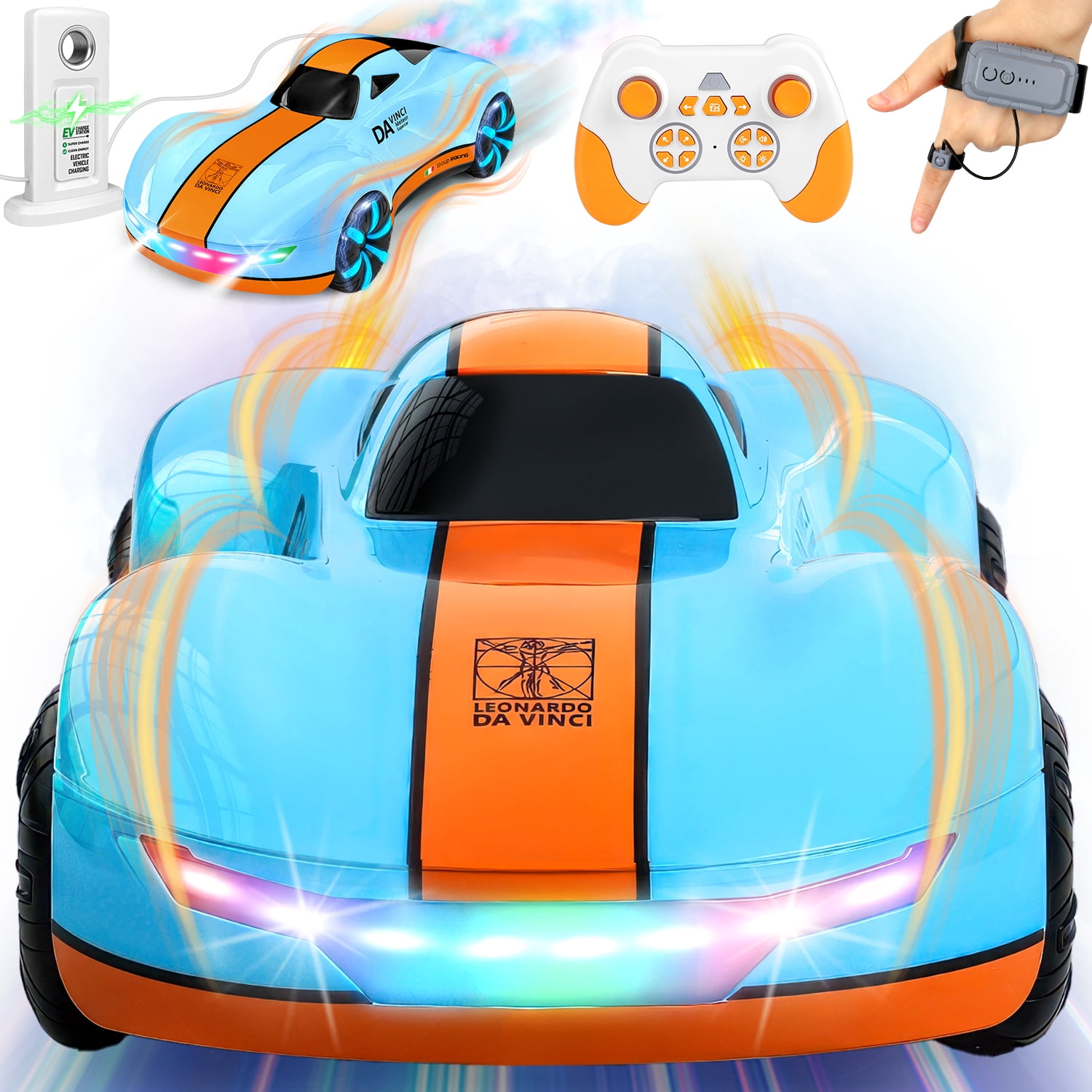 Huge Wave High Speed RC Car for Boys 4-12, 2.4GHz Drift Remote Control Car with Charging Station, Change Light, Dual Spray, 360° Rotate, Birthday Gifts for Kids, Blue