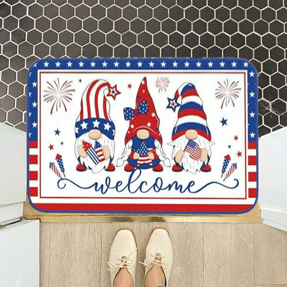 Djunllk Independence Day Door Mat - 4Th of July Decor Gnome Pattern Patriotic Welcome Doormat, Non-Slip Rubber Backing Linen Door Rug, 15.7" x 23.6"