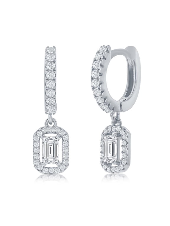 Huggie Hoop with Dangling Rectangle-Shaped Simulated Diamond CZ Earrings | Sterling Silver Bridal Engagement Jewelry for Bride, Bridesmaid, Women, or Teens