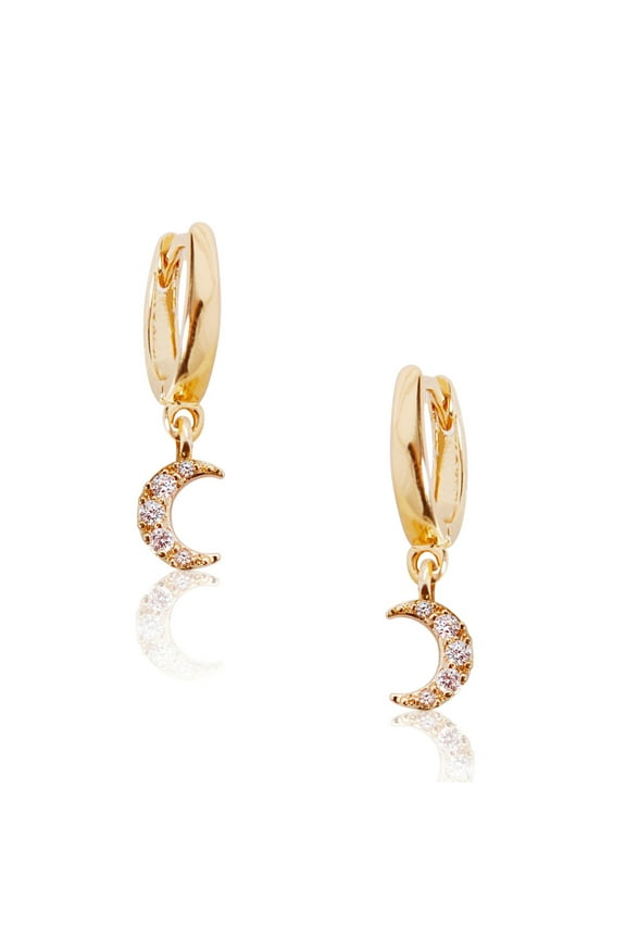 Huggie Hoop Earrings - Small Pave Crescent Moon Charm Dangle Round Cuff CZ Studs Tiny Crystal Mini Drop Loops, by Humble Chic NY