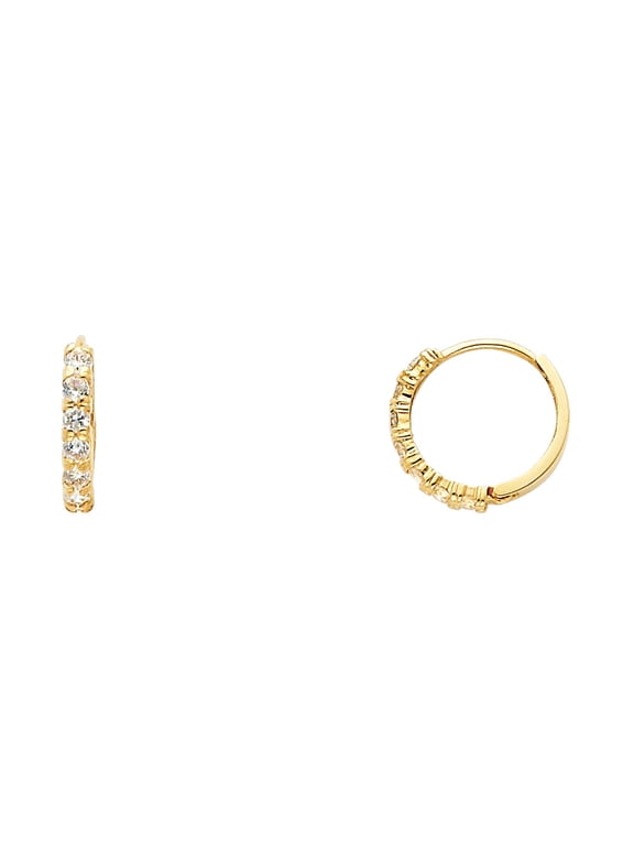 Huggie Hoop Earrings Solid 14k Yellow Gold CZ Huggies Hoops Round CZ Style Polished Finish Small 13 mm
