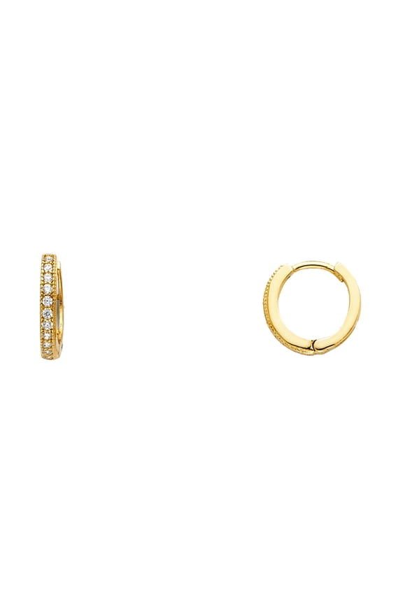 Huggie Hoop Earrings Solid 14k Yellow Gold CZ Small Huggies Round Pave Set Stylish Fancy Tiny 10 mm