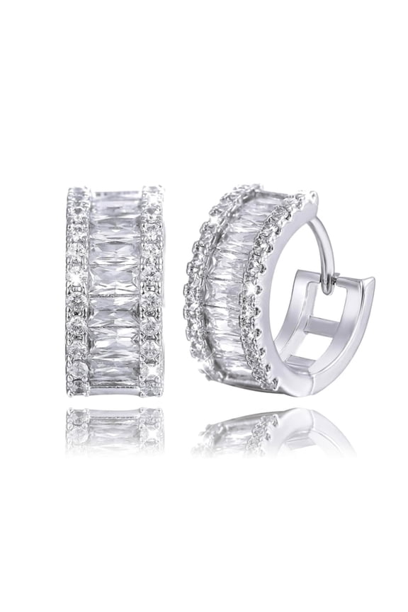 Brilliant Cubic Zirconia Iced CZ Huggie Trendy Chunky White Gold Plated 925 Sterling Silver Post Thick Baguette Hoop Earrings