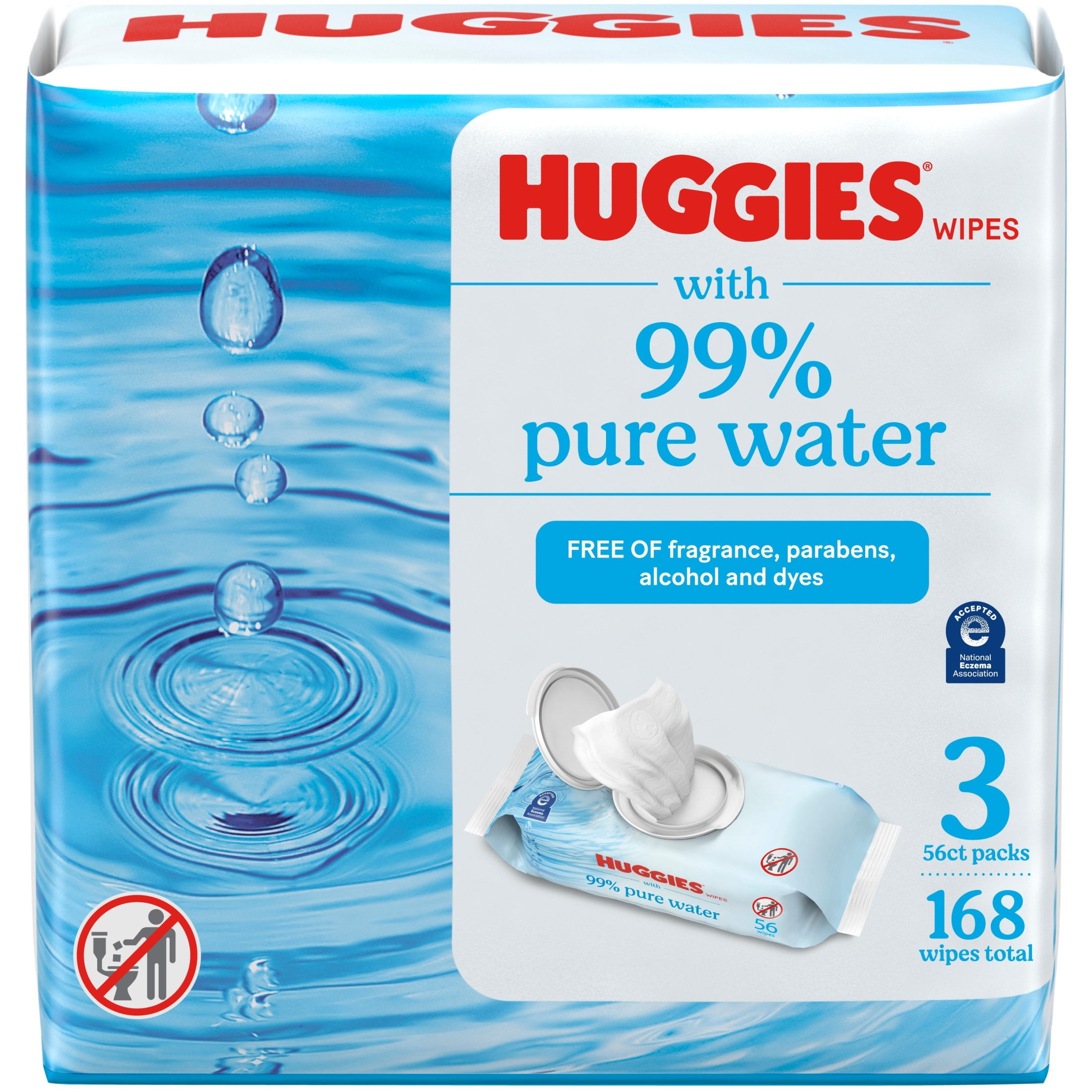 Huggies 99% Pure Water Unscented Wipes, 3 Flip-Top Packs, 168 Total Ct