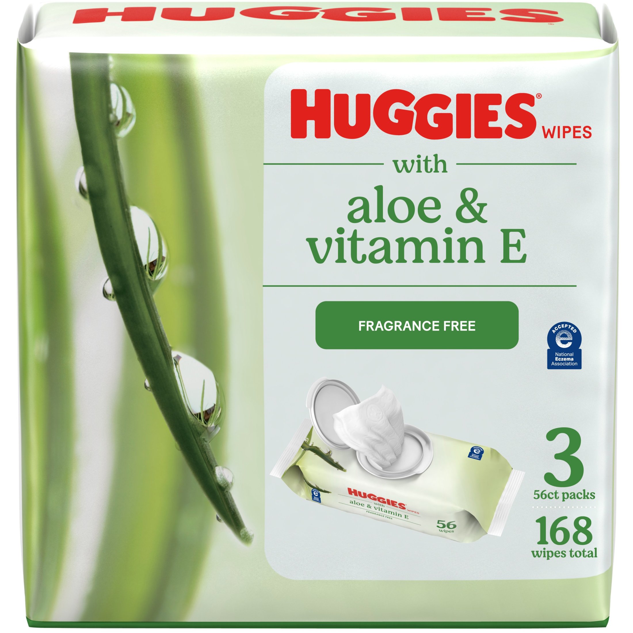 Huggies Aloe & Vitamin E Wipes, Unscented, 3 Pack, 168 Total Ct - image 1 of 9