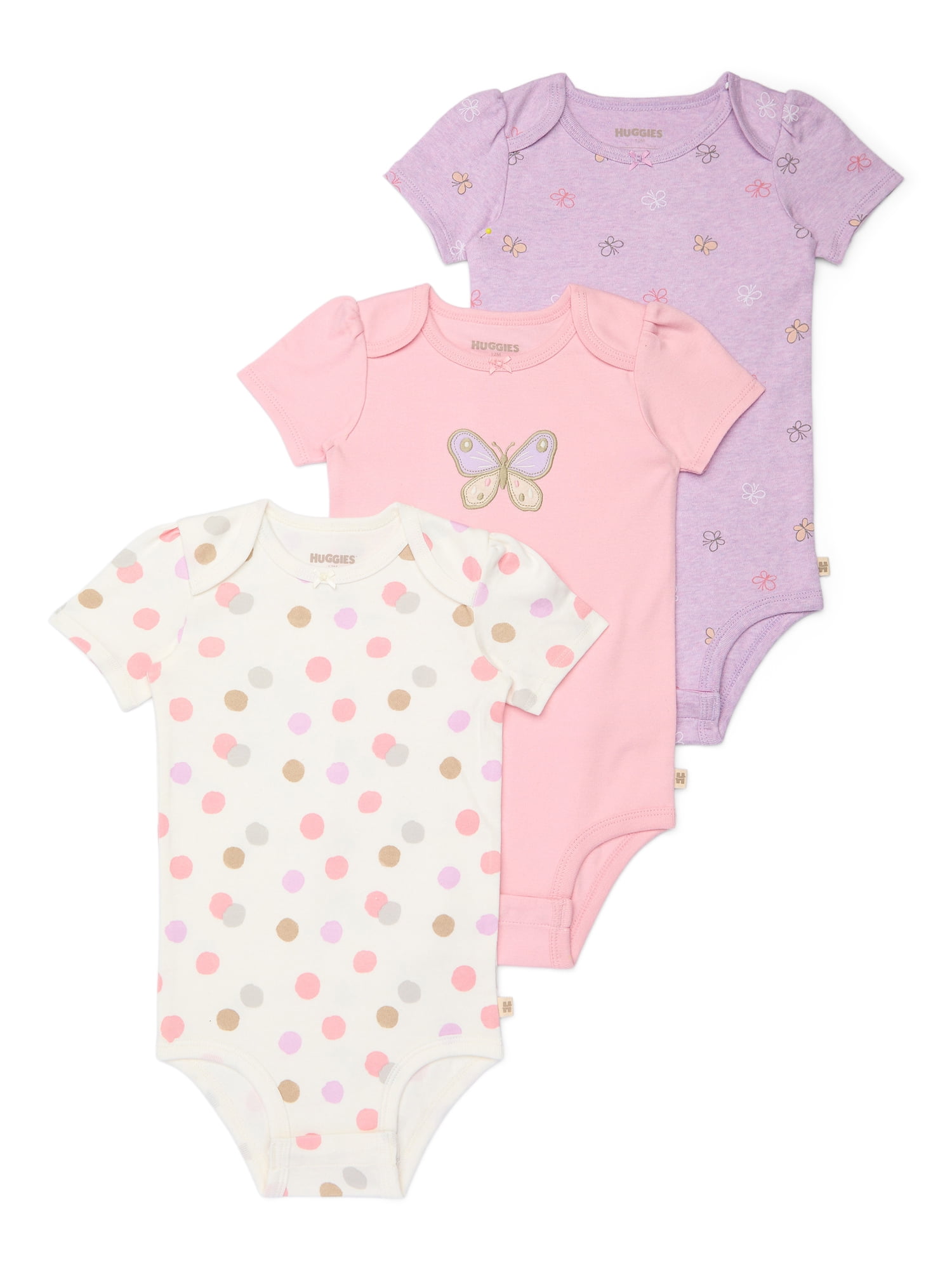 Huggies Baby Girl Butterfly 3 Pack Organic Cotton Bodysuits, Sizes NB-24M
