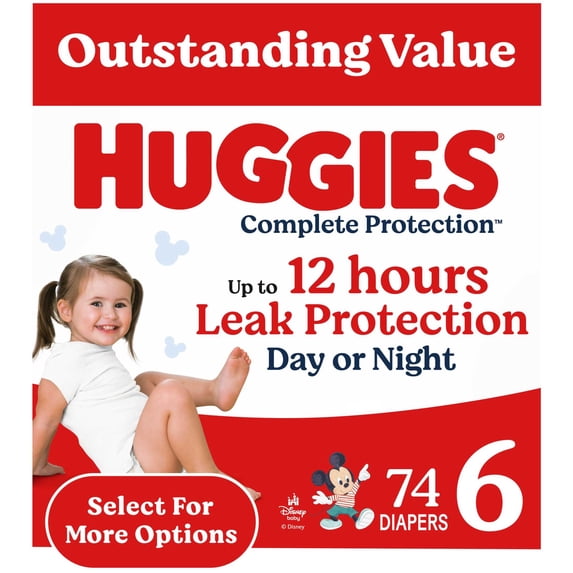 Huggies Complete Protection Baby Diapers, Size 6 (35+ lbs), 74 Count