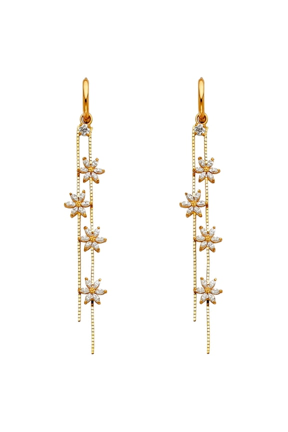 Huggies Dangle Earrings Solid 14k Yellow Gold Flower Hanging CZ Long Chain Polished Finish Fancy 60 mm
