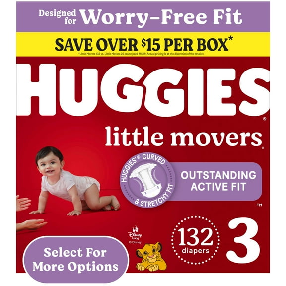 Huggies Little Movers Baby Diapers, Size 3 (16-28 lbs), 132 Count (Select for More)