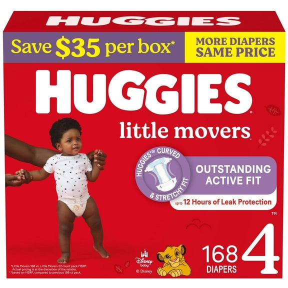 Huggies Little Movers Baby Diapers, Size 4 (22-37 Pounds), 168 Count