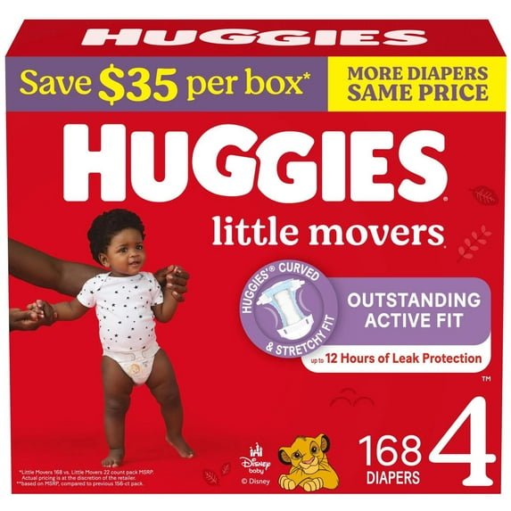 Huggies Little Movers Baby Diapers, Size 4 (22-37 Pounds), 168 Count
