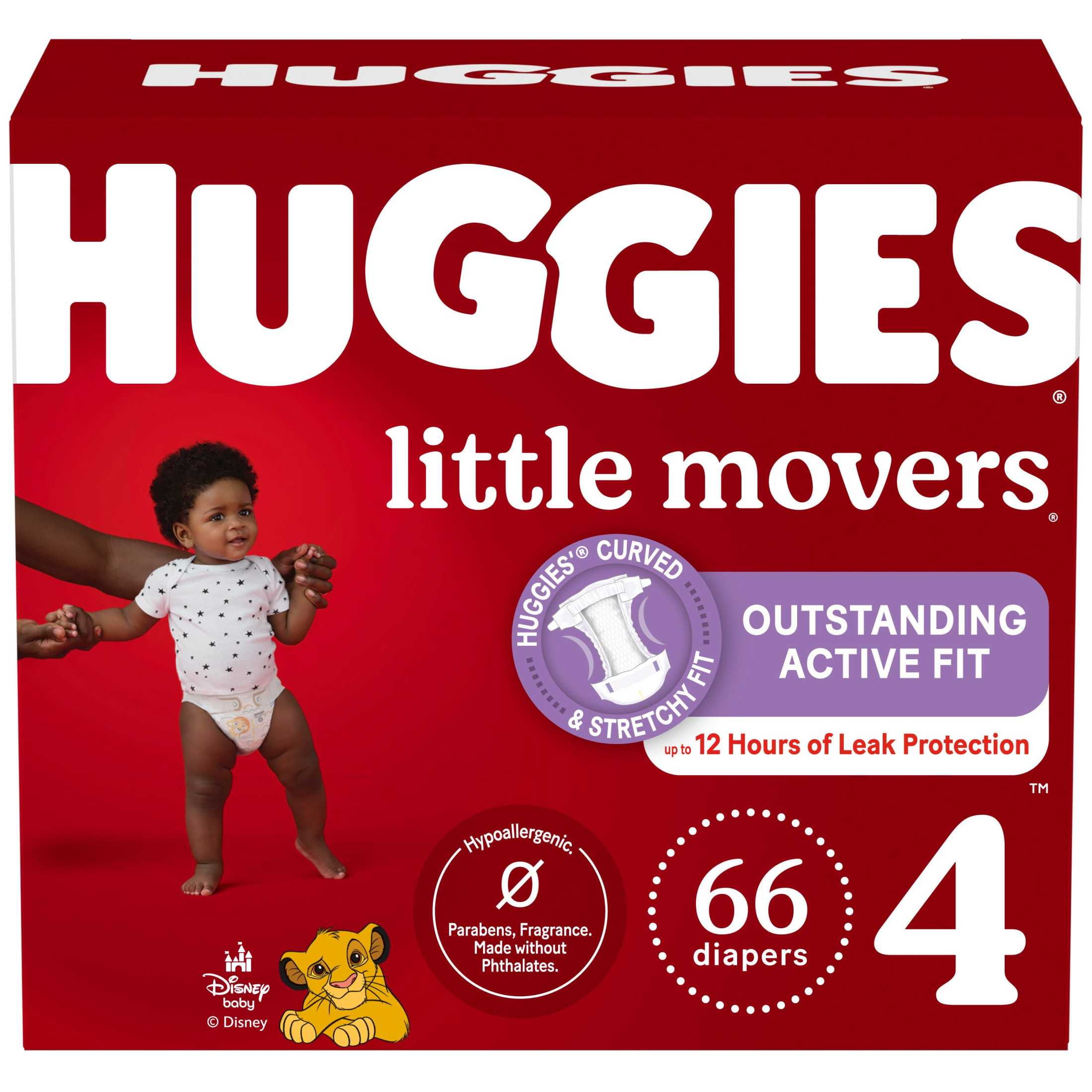 Huggies Little Movers Hypoallergenic Baby Diapers, Size 4, 66 Ct, Dermatologist-Tested, Best Fitting