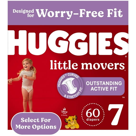 Huggies Little Movers Baby Diapers, Size 7 (41+ lbs), 60 Ct (Select for More)