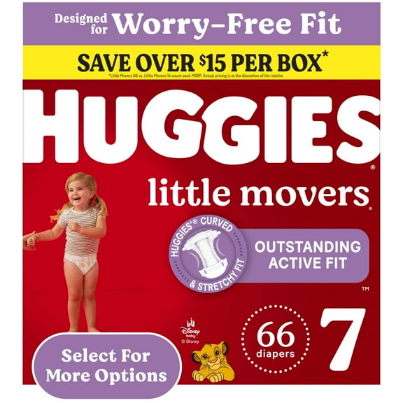 Huggies Little Movers Baby Diapers, Size 7 (41 lbs), 66 Count (Select for More)