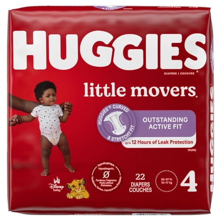 Huggies Size 4 Diapers, Little Movers Baby Diapers, Size 4 (22-37 lbs), 22 Count