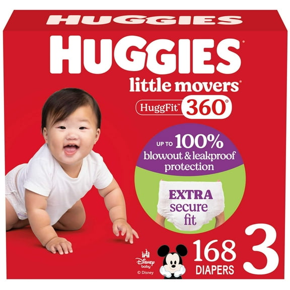 Huggies Little Movers HuggFit 360° Baby Diapers with 360° Waistband, Size 3 (16-28 lbs), 168 Ct (Select for More)
