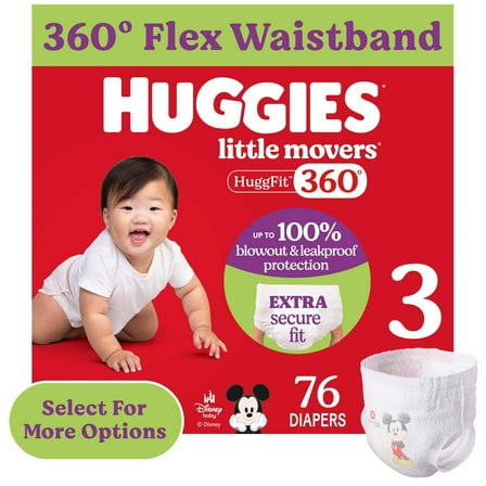Huggies Little Movers HuggFit 360° Baby Diapers with 360° Waistband, Size 3 (16-28 lbs), 76 Count (Select for More)