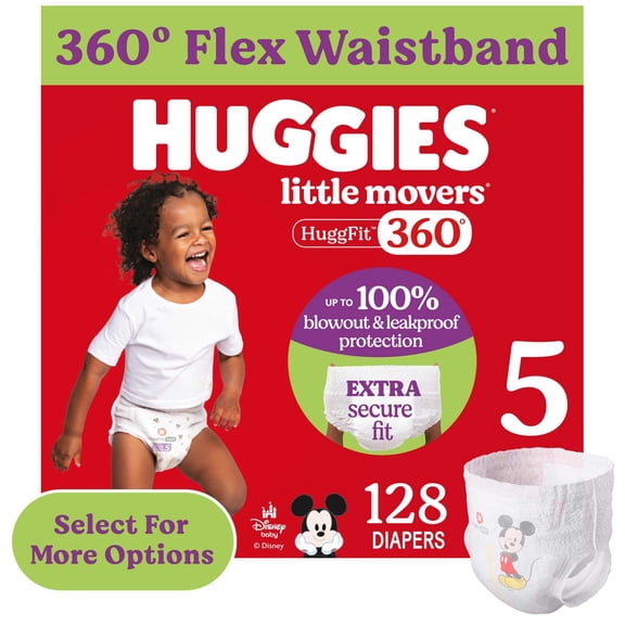 Huggies Little Movers HuggFit 360° Baby Diapers with 360° Waistband, Size 5 (27+ lbs), 128 Count (Select for More)