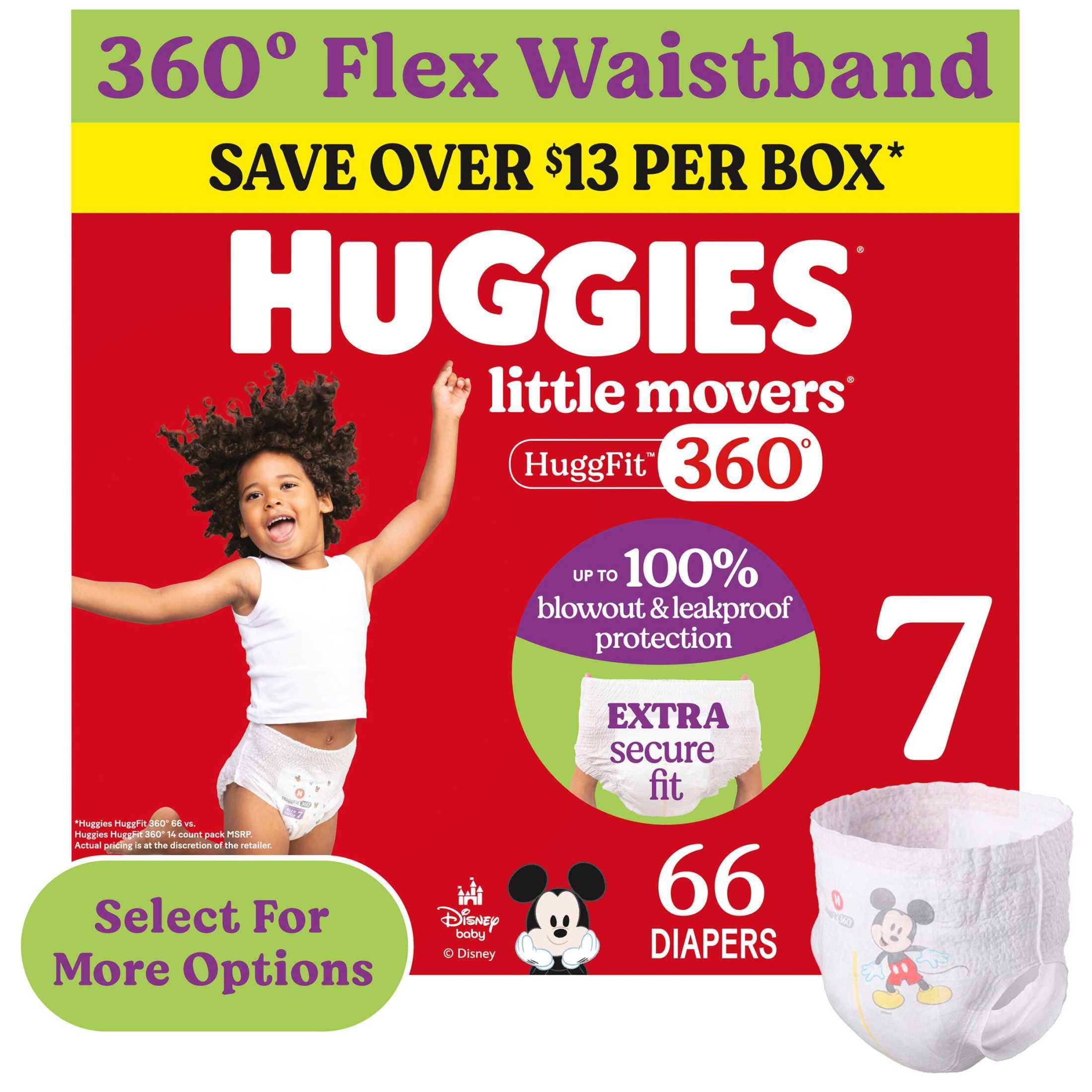 Huggies Little Movers HuggFit 360° Baby Diapers with 360° Waistband, Size 7 (41+ lbs), 66 Count (Select for More)