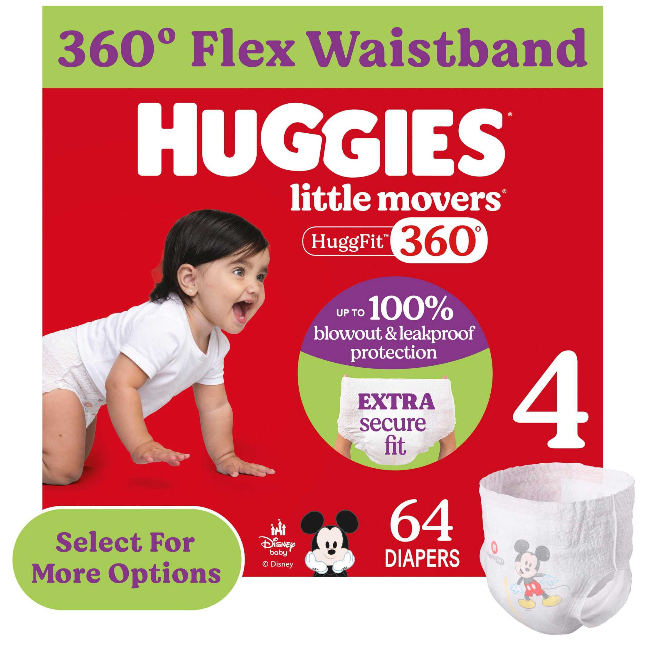 Huggies Little Movers HuggFit 360° Baby Diapers with 360° Waistband, Size 4 (22-37 lbs), 64 Count (Select for More)