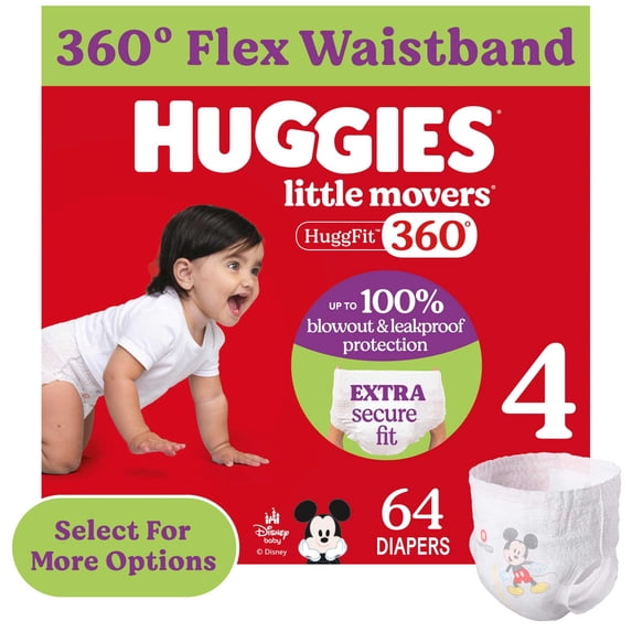 Huggies Little Movers HuggFit 360° Baby Diapers with 360° Waistband, Size 4 (22-37 lbs), 64 Count (Select for More)