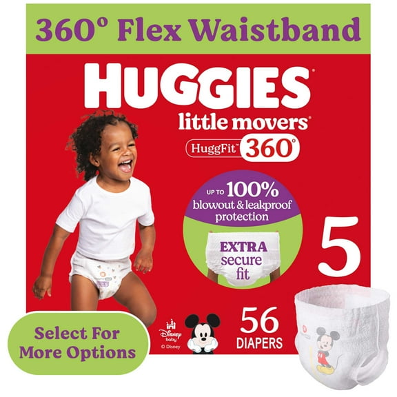 Huggies Little Movers HuggFit 360° Baby Diapers with 360° Waistband, Size 5 (27+ lbs), 56 Count (Select for More)